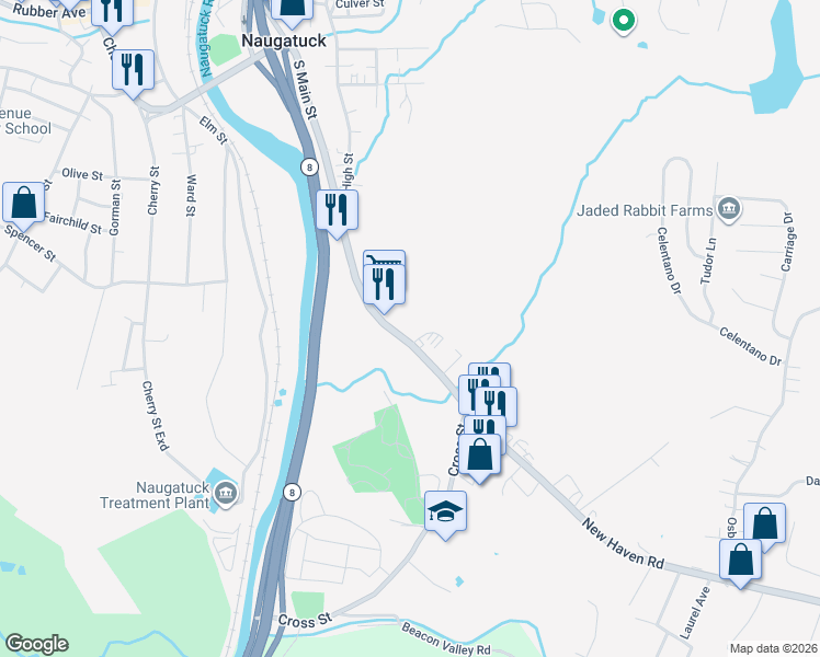 map of restaurants, bars, coffee shops, grocery stores, and more near 668 New Haven Road in Naugatuck