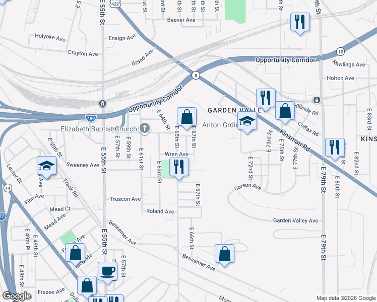 map of restaurants, bars, coffee shops, grocery stores, and more near 2957 East 65th Street in Cleveland