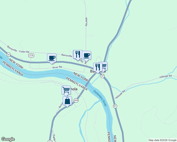 map of restaurants, bars, coffee shops, grocery stores, and more near 3385 New York 97 in Barryville