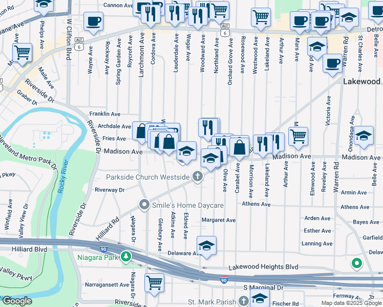 map of restaurants, bars, coffee shops, grocery stores, and more near 16601 Madison Avenue in Lakewood