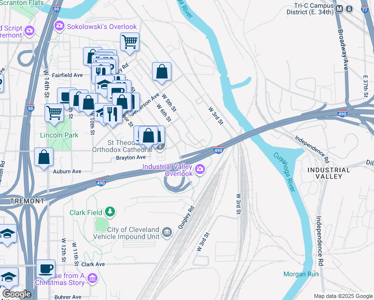 map of restaurants, bars, coffee shops, grocery stores, and more near 2556 West 6th Street in Cleveland