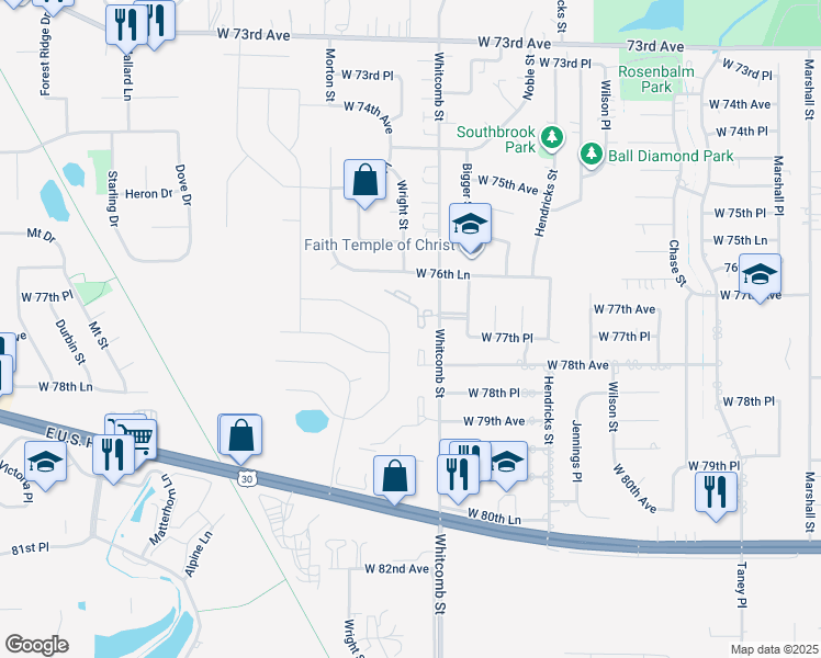map of restaurants, bars, coffee shops, grocery stores, and more near 3944 West 77th Place in Merrillville