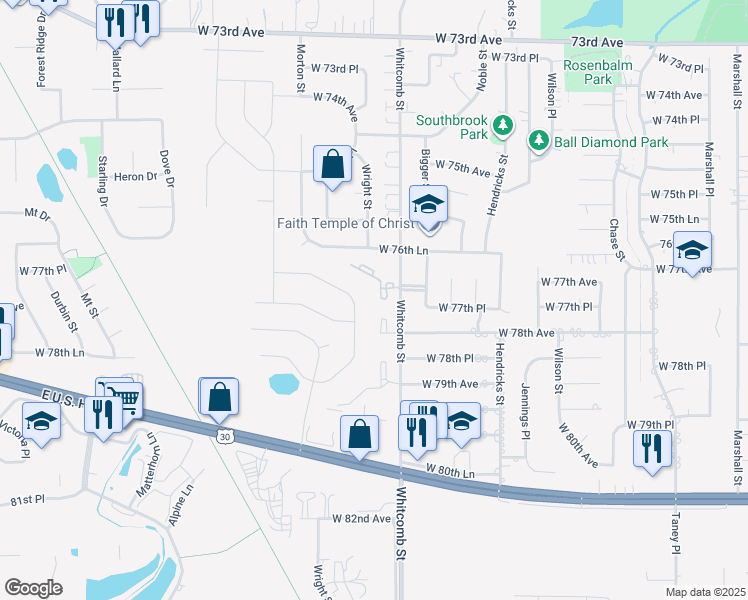 map of restaurants, bars, coffee shops, grocery stores, and more near 3944 West 77th Place in Merrillville