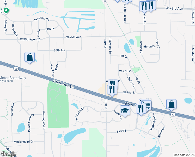 map of restaurants, bars, coffee shops, grocery stores, and more near 7770 Burr Street in Schererville