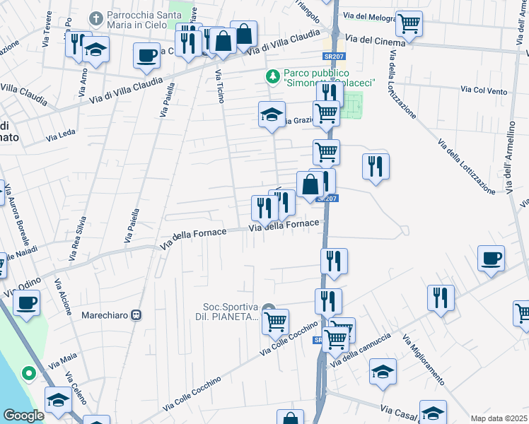map of restaurants, bars, coffee shops, grocery stores, and more near 95 Via Ticino in Anzio