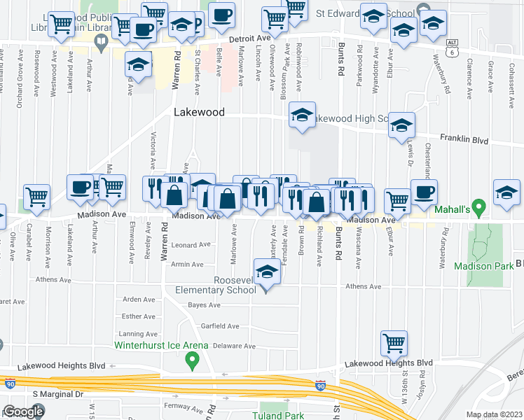 map of restaurants, bars, coffee shops, grocery stores, and more near 1685 Lincoln Avenue in Lakewood