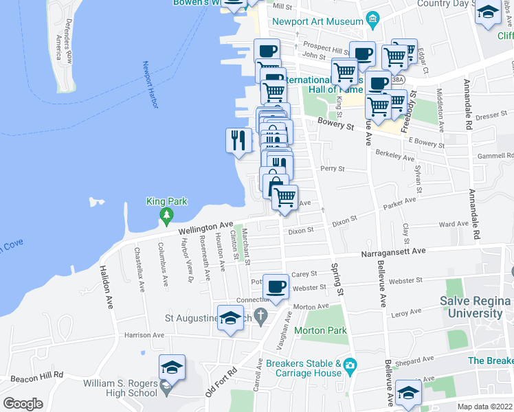 map of restaurants, bars, coffee shops, grocery stores, and more near 551 Thames Street in Newport