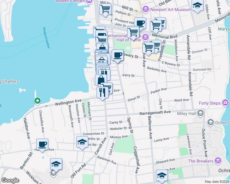 map of restaurants, bars, coffee shops, grocery stores, and more near 21 Underwood Court in Newport