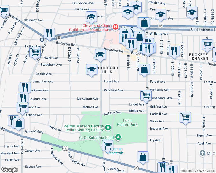 map of restaurants, bars, coffee shops, grocery stores, and more near 2980 East 111th Street in Cleveland