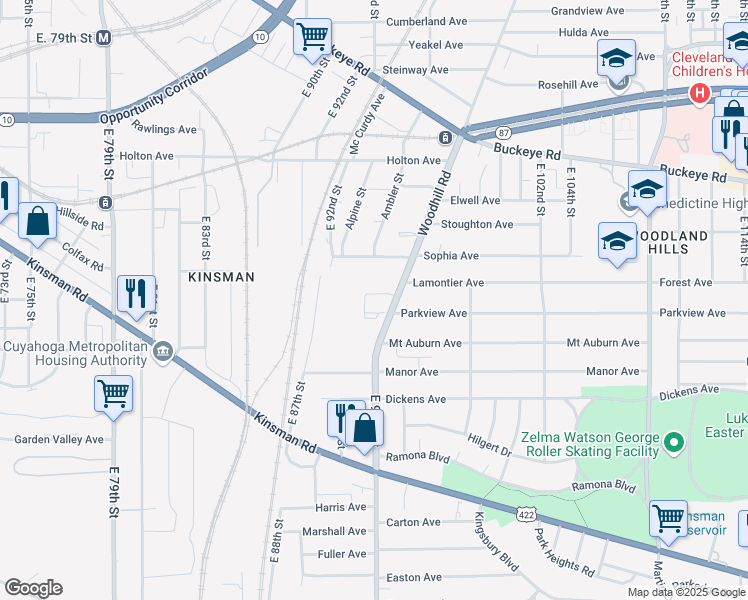 map of restaurants, bars, coffee shops, grocery stores, and more near 3000 Woodhill Road in Cleveland
