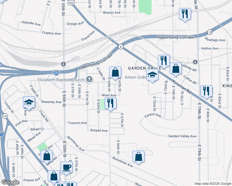 map of restaurants, bars, coffee shops, grocery stores, and more near 2957 East 65th Street in Cleveland