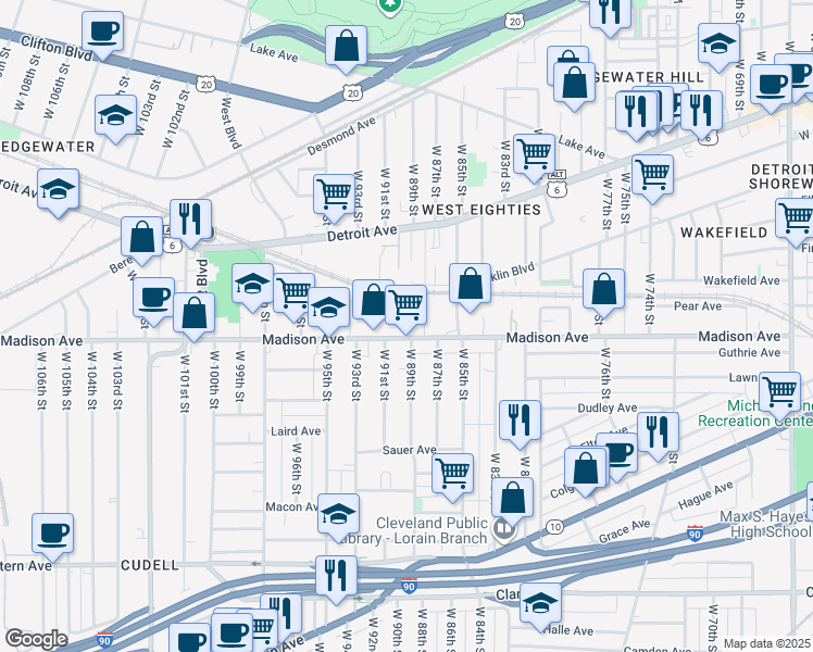 map of restaurants, bars, coffee shops, grocery stores, and more near 9004 Madison Avenue in Cleveland