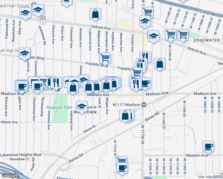 map of restaurants, bars, coffee shops, grocery stores, and more near 1619 Winchester Avenue in Lakewood