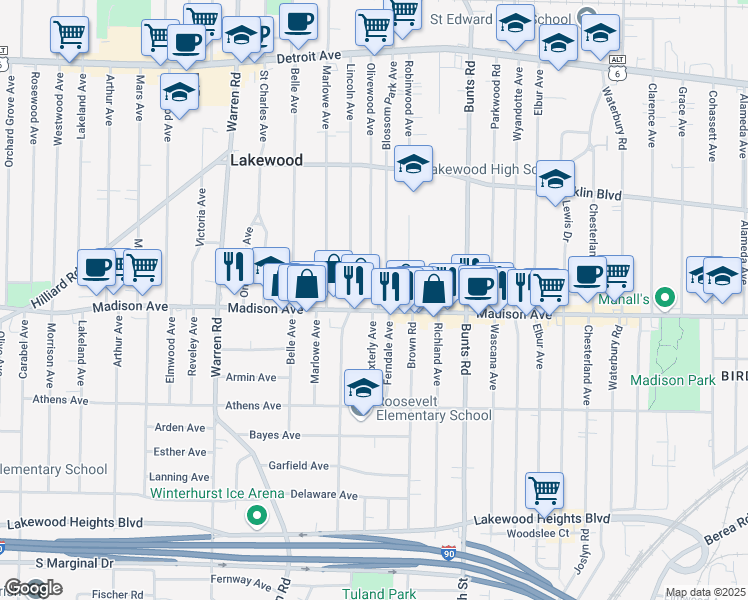 map of restaurants, bars, coffee shops, grocery stores, and more near 1670 Roosevelt Avenue in Lakewood