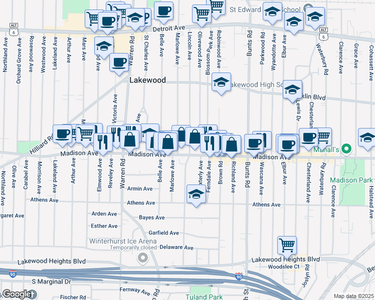 map of restaurants, bars, coffee shops, grocery stores, and more near 1666 Lincoln Avenue in Lakewood