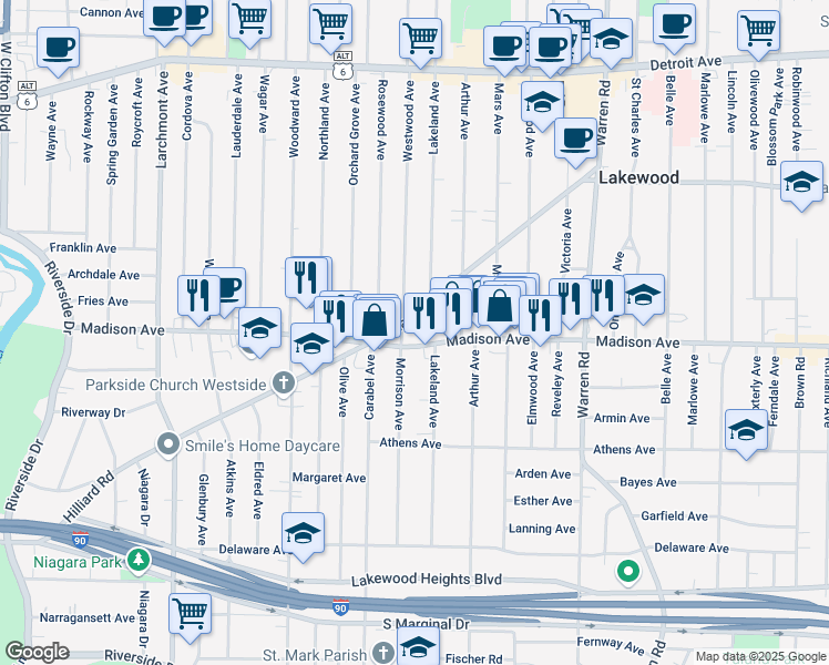 map of restaurants, bars, coffee shops, grocery stores, and more near 15622 Hilliard Road in Lakewood