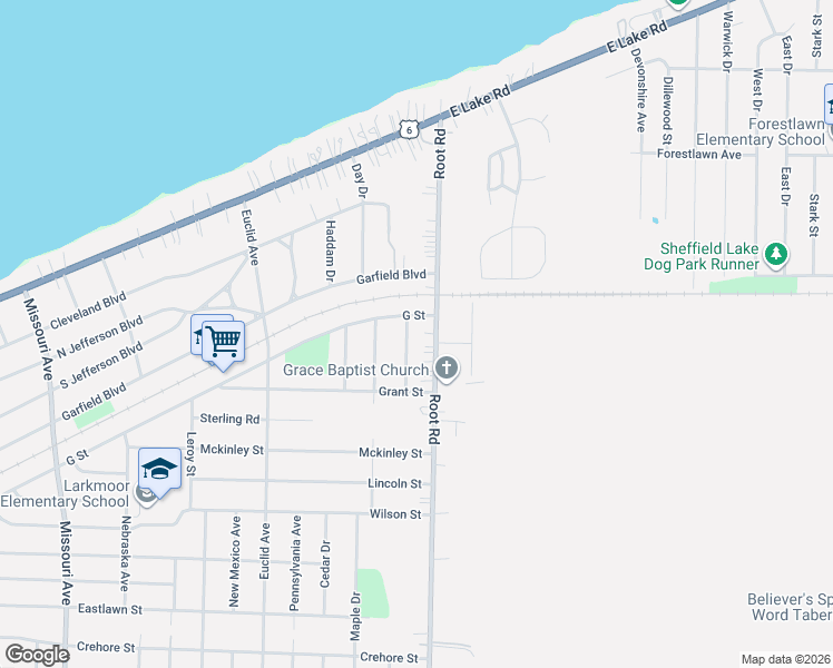 map of restaurants, bars, coffee shops, grocery stores, and more near 602 Root Road in Lorain