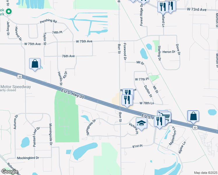 map of restaurants, bars, coffee shops, grocery stores, and more near 7500-7848 Burr Street in Schererville
