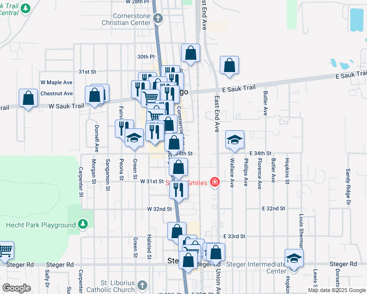 map of restaurants, bars, coffee shops, grocery stores, and more near 3333 Commercial Avenue in Chicago Heights