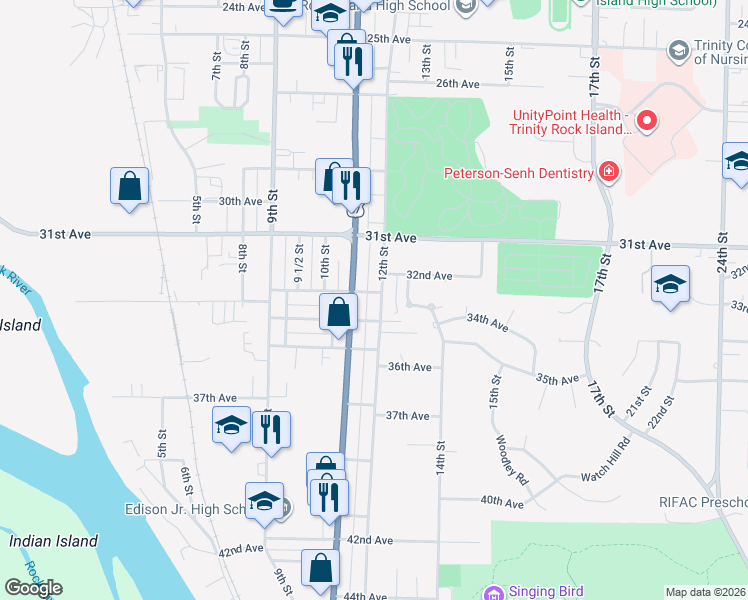 map of restaurants, bars, coffee shops, grocery stores, and more near 3150 12th Street in Rock Island