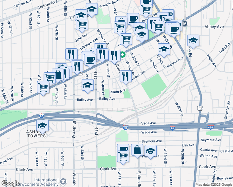 map of restaurants, bars, coffee shops, grocery stores, and more near 3617 Siam Avenue in Cleveland