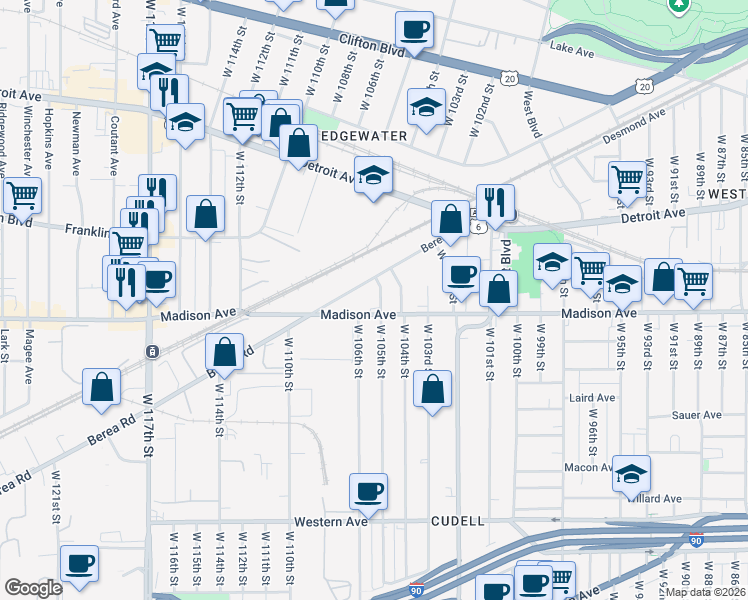 map of restaurants, bars, coffee shops, grocery stores, and more near 1964 West 105th Street in Cleveland