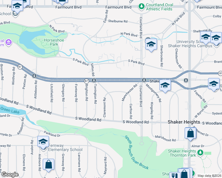 map of restaurants, bars, coffee shops, grocery stores, and more near 18850 Shaker Boulevard in Shaker Heights