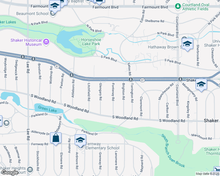 map of restaurants, bars, coffee shops, grocery stores, and more near 2860 Fontenay Road in Shaker Heights