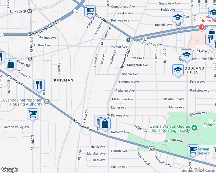 map of restaurants, bars, coffee shops, grocery stores, and more near 3000 Woodhill Road in Cleveland
