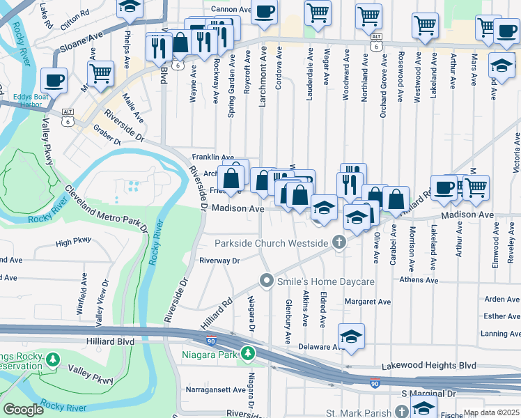 map of restaurants, bars, coffee shops, grocery stores, and more near Madison Ave & McKinley Ave in Lakewood