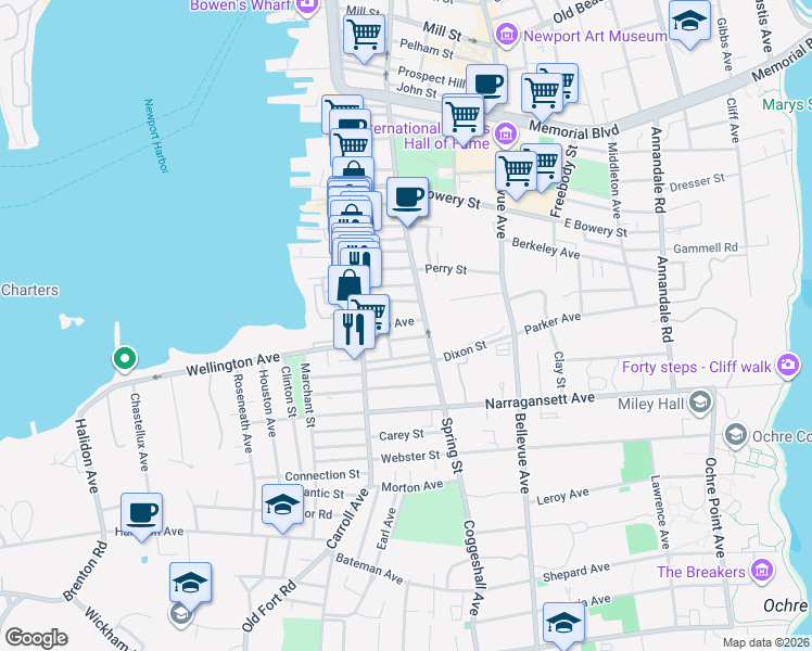 map of restaurants, bars, coffee shops, grocery stores, and more near 43 Lee Avenue in Newport