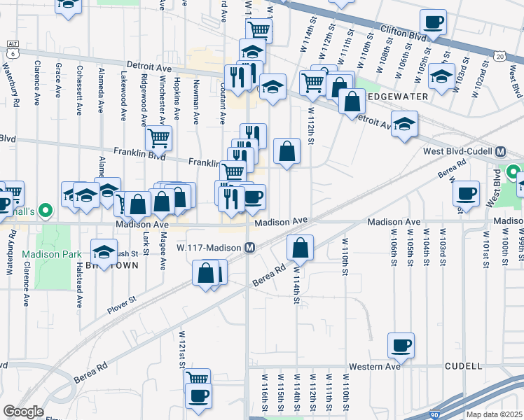 map of restaurants, bars, coffee shops, grocery stores, and more near 1590 West 116th Street in Cleveland