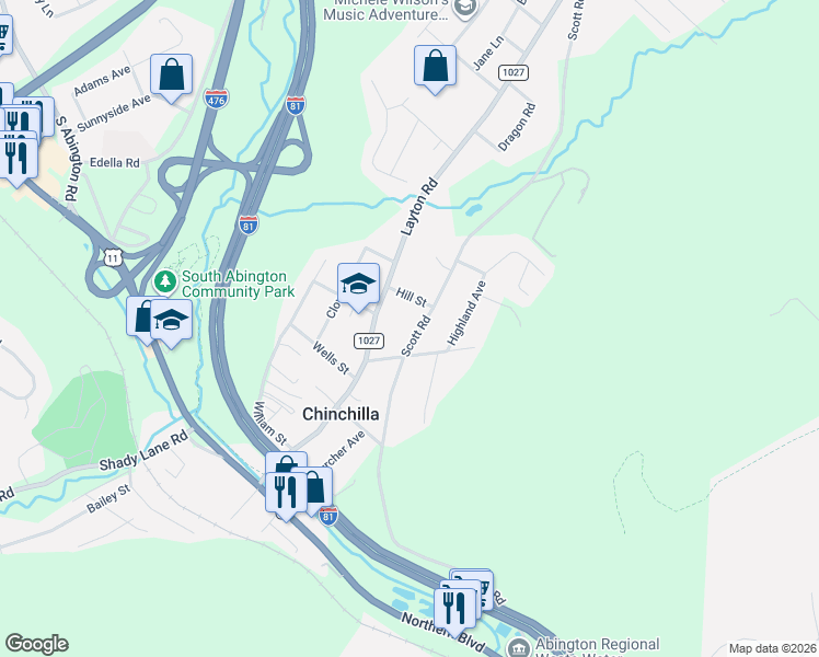 map of restaurants, bars, coffee shops, grocery stores, and more near 416 Layton Road in Lackawanna County