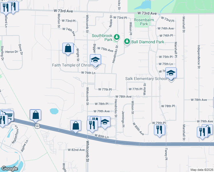 map of restaurants, bars, coffee shops, grocery stores, and more near 7717 Noble Street in Merrillville
