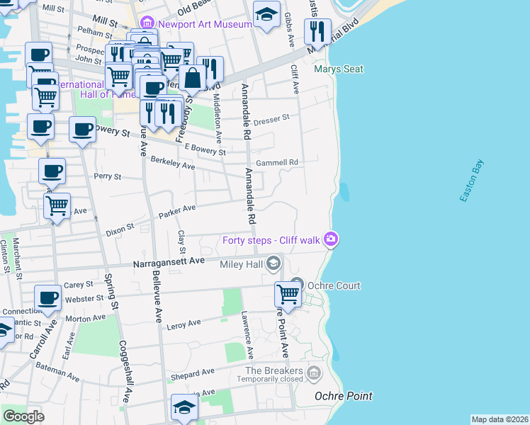 map of restaurants, bars, coffee shops, grocery stores, and more near 11 Ocean Lawn Lane in Newport