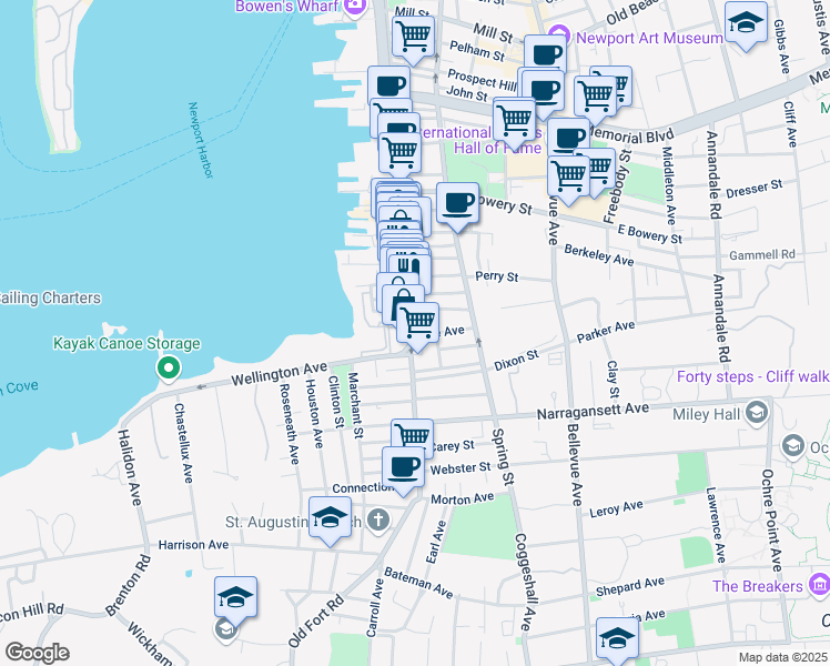 map of restaurants, bars, coffee shops, grocery stores, and more near 547 Thames Street in Newport
