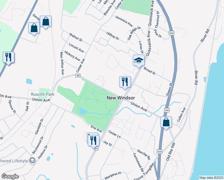 map of restaurants, bars, coffee shops, grocery stores, and more near 108 Union Avenue in New Windsor