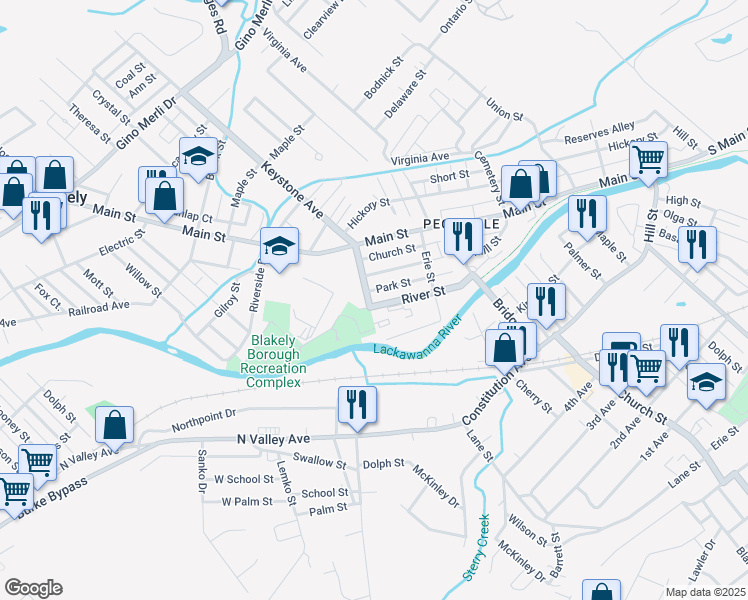 map of restaurants, bars, coffee shops, grocery stores, and more near 734 River St in Blakely