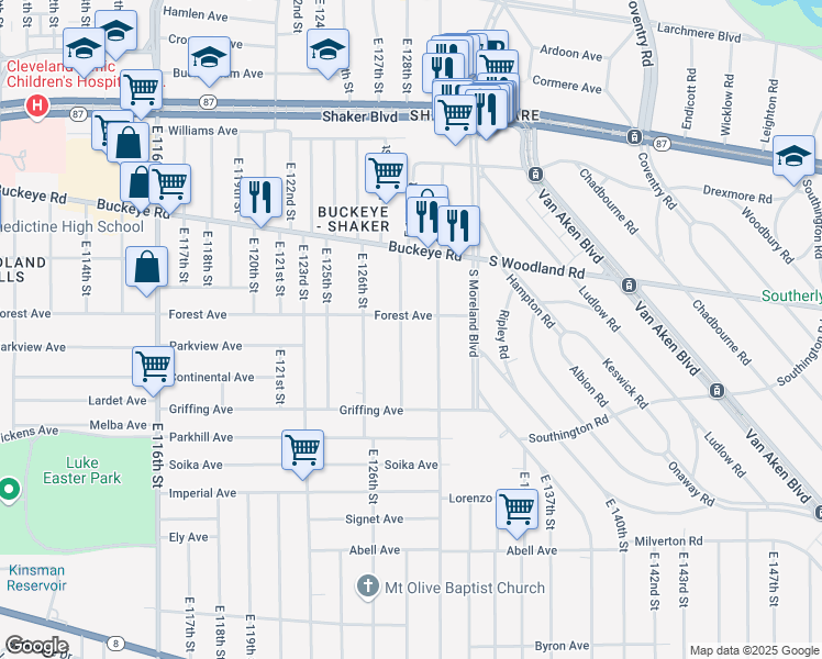 map of restaurants, bars, coffee shops, grocery stores, and more near 12902 Forest Avenue in Cleveland