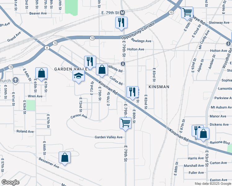 map of restaurants, bars, coffee shops, grocery stores, and more near 7711 Kinsman Road in Cleveland