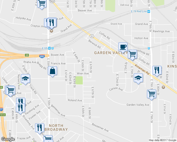map of restaurants, bars, coffee shops, grocery stores, and more near 2957 East 67th Street in Cleveland