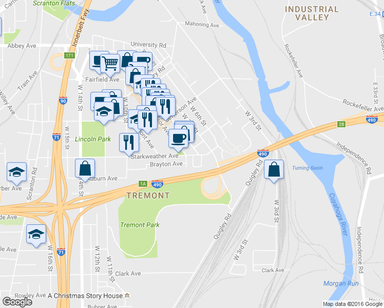 map of restaurants, bars, coffee shops, grocery stores, and more near 2505 Professor Avenue in Cleveland