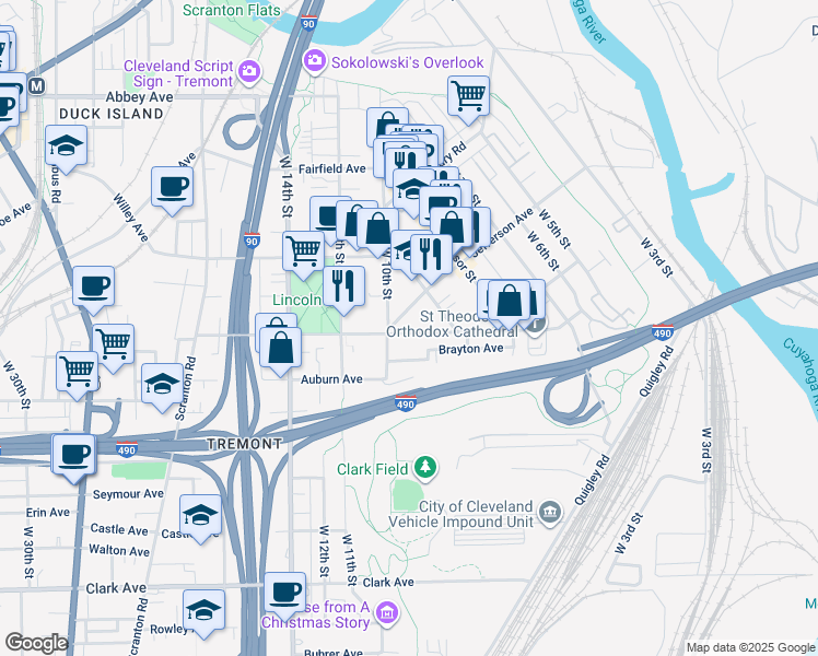 map of restaurants, bars, coffee shops, grocery stores, and more near 943 Jefferson Avenue in Cleveland