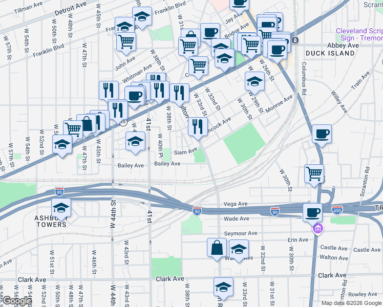 map of restaurants, bars, coffee shops, grocery stores, and more near 3508 Siam Avenue in Cleveland