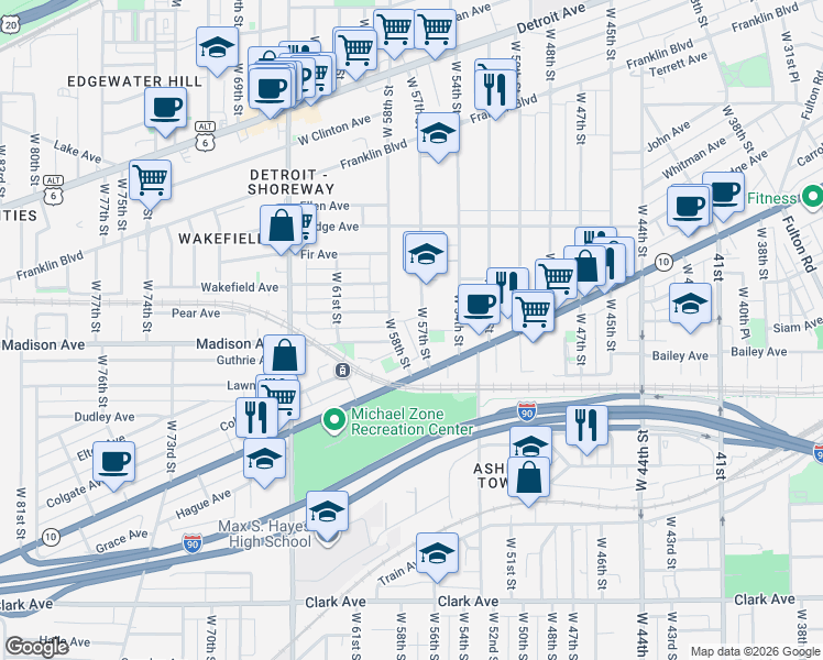 map of restaurants, bars, coffee shops, grocery stores, and more near 1967 West 58th Street in Cleveland