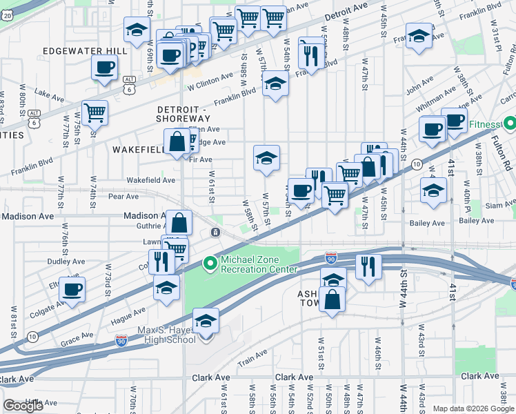 map of restaurants, bars, coffee shops, grocery stores, and more near 1967 West 58th Street in Cleveland