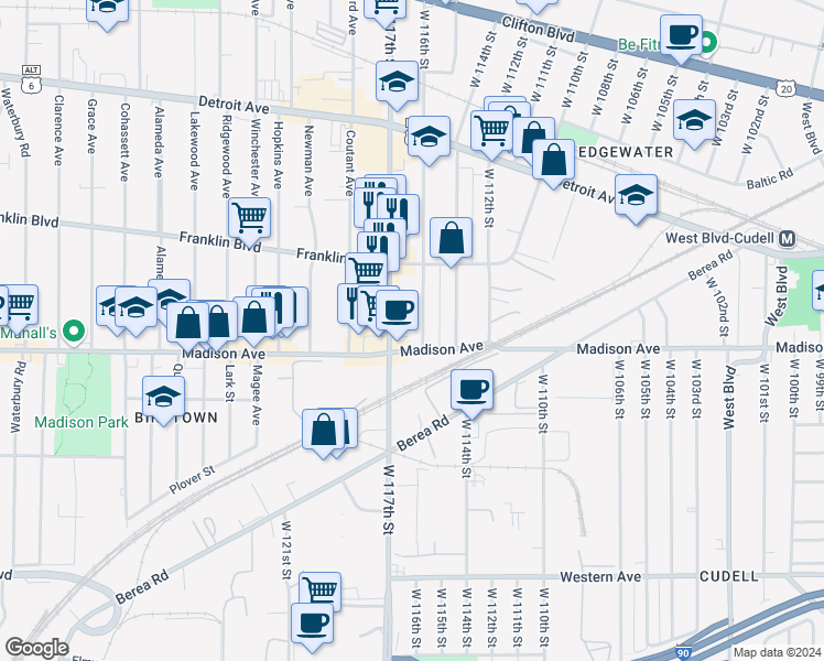 map of restaurants, bars, coffee shops, grocery stores, and more near 1590 West 116th Street in Cleveland