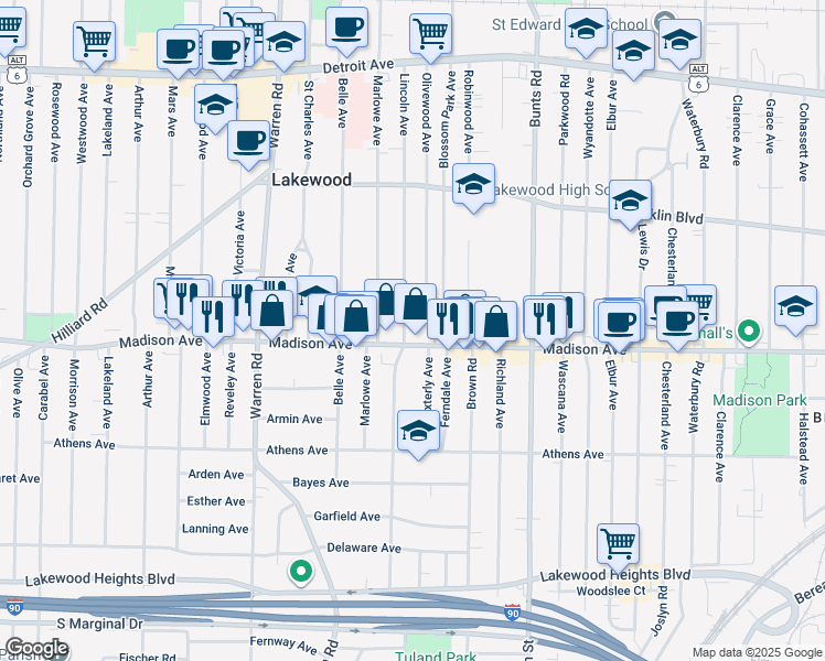 map of restaurants, bars, coffee shops, grocery stores, and more near 1666 Lincoln Avenue in Lakewood