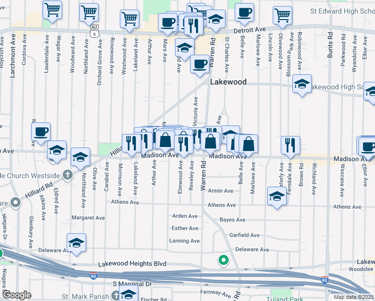 map of restaurants, bars, coffee shops, grocery stores, and more near 1675 Victoria Avenue in Lakewood