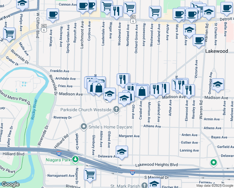 map of restaurants, bars, coffee shops, grocery stores, and more near 1665 Woodward Avenue in Lakewood
